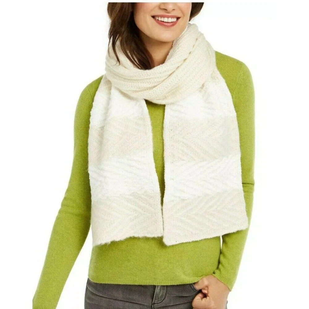 Inc Scarf Striped Arrow-Stitch Muffler White Ivory One Size Neck Warm